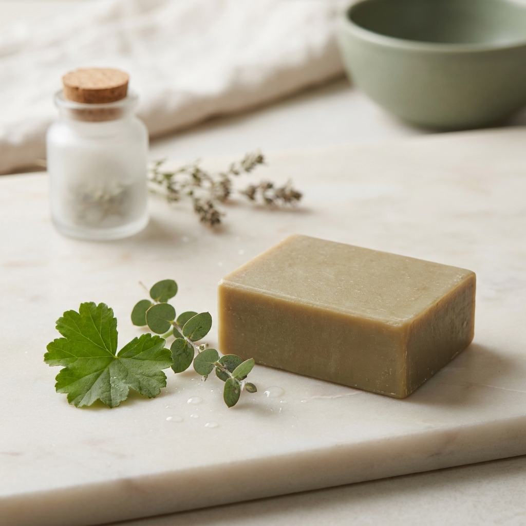 Aesop botanisk rensesåpe i minimalistisk emballasje på en steinoverflate