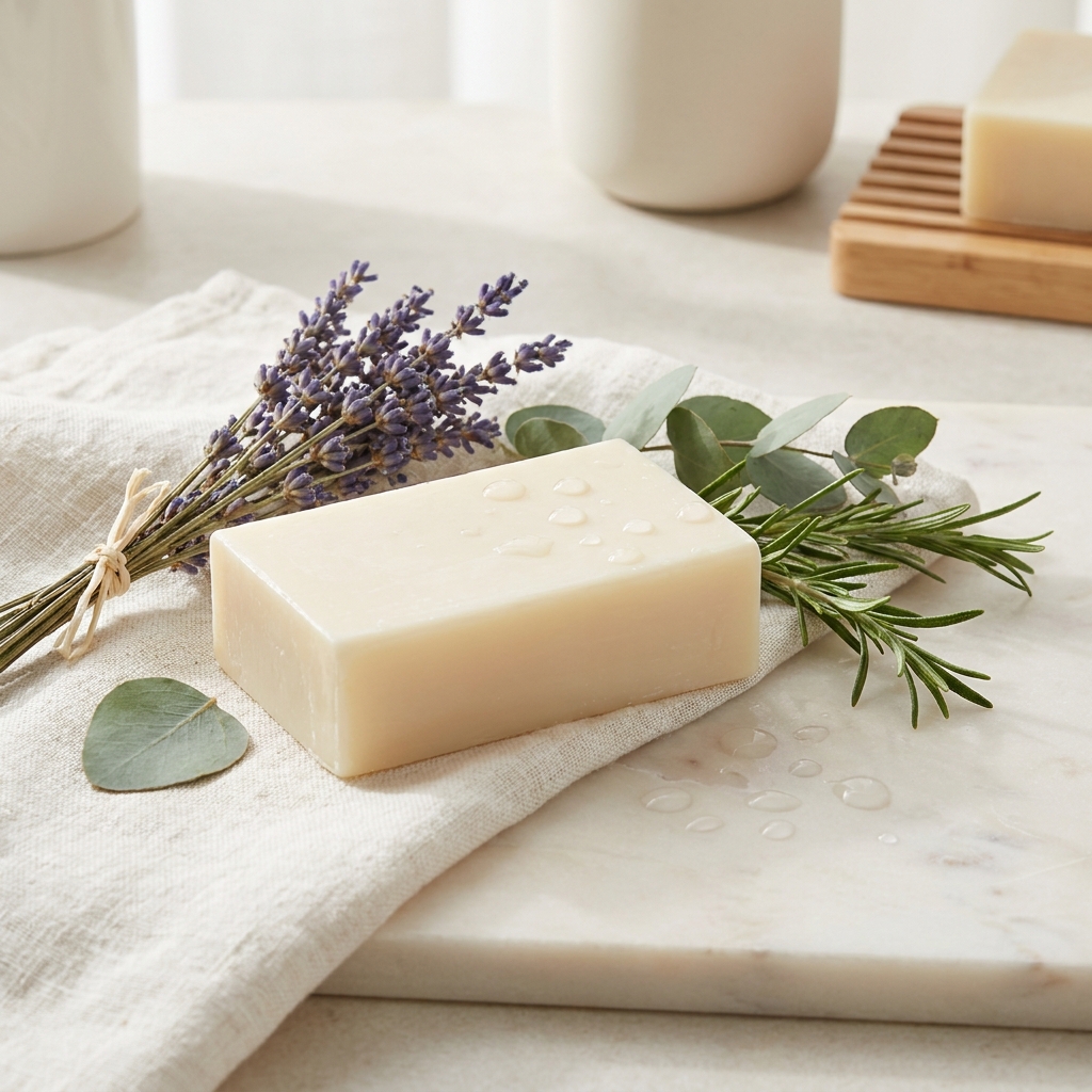 L'Occitane sheasmør-såpe med lavendel på en lintøyklut